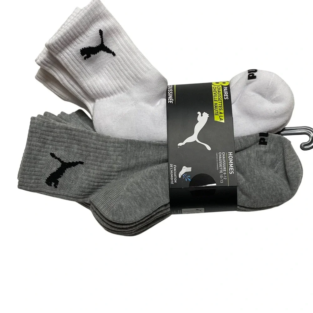 Puma Mens Hi Qtr Socks 8 Pair Pack White Grey Cushione Moisture Wicking 8-12 NWT
